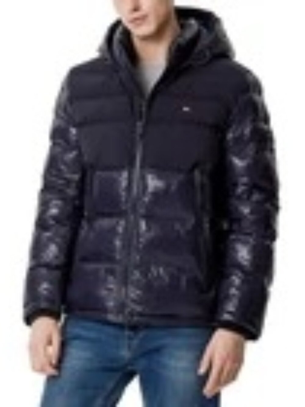 Tommy Hilfiger Men's Midnight Two-Tone Matte & Shiny Puffer Hooded Jacket